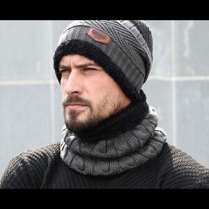 Hat Scarf Set with Neck cover Grey Unisex